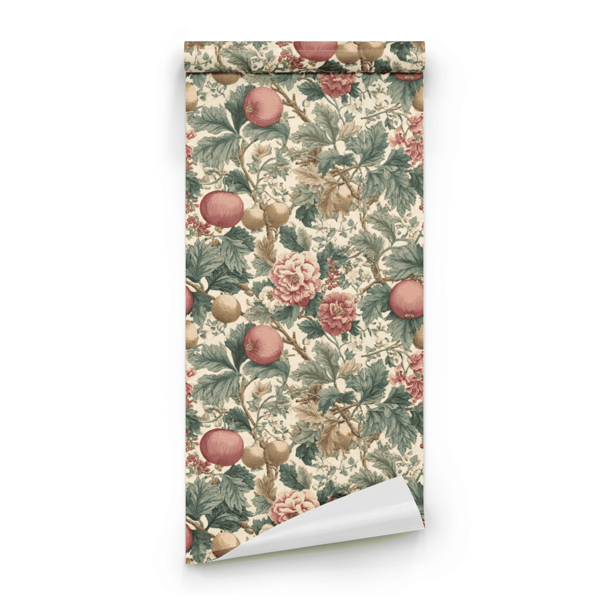 Cream Floral Wallpaper roll preview showing the orchard fruit-and-floral drawing in close cream rosaline detail