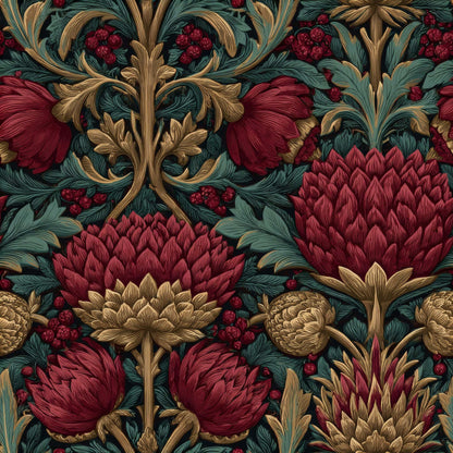Rich floral wallpaper with red and gold blooms, intricate green leaves.