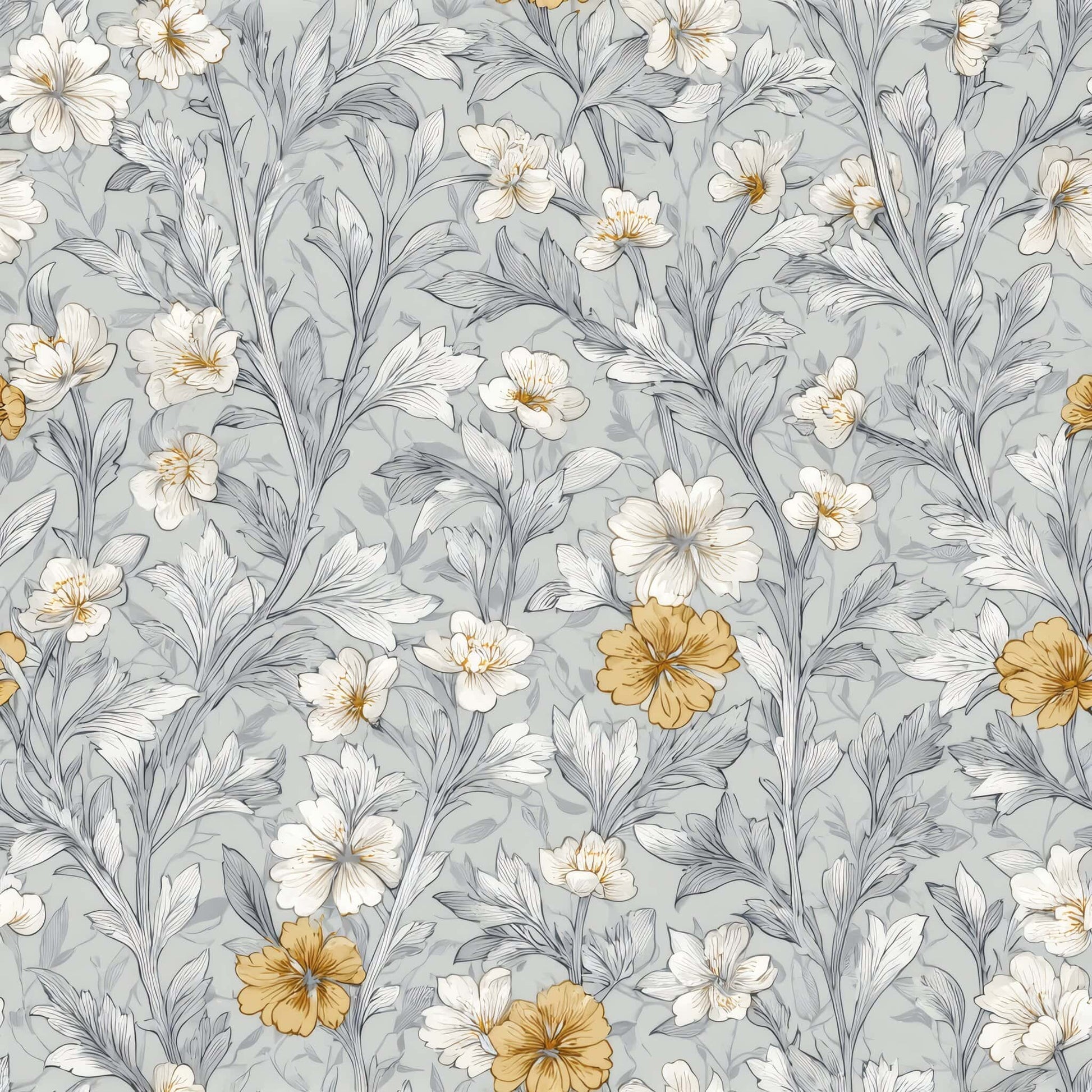 Floral wallpaper with gray leaves and muted golden flowers on soft gray background.