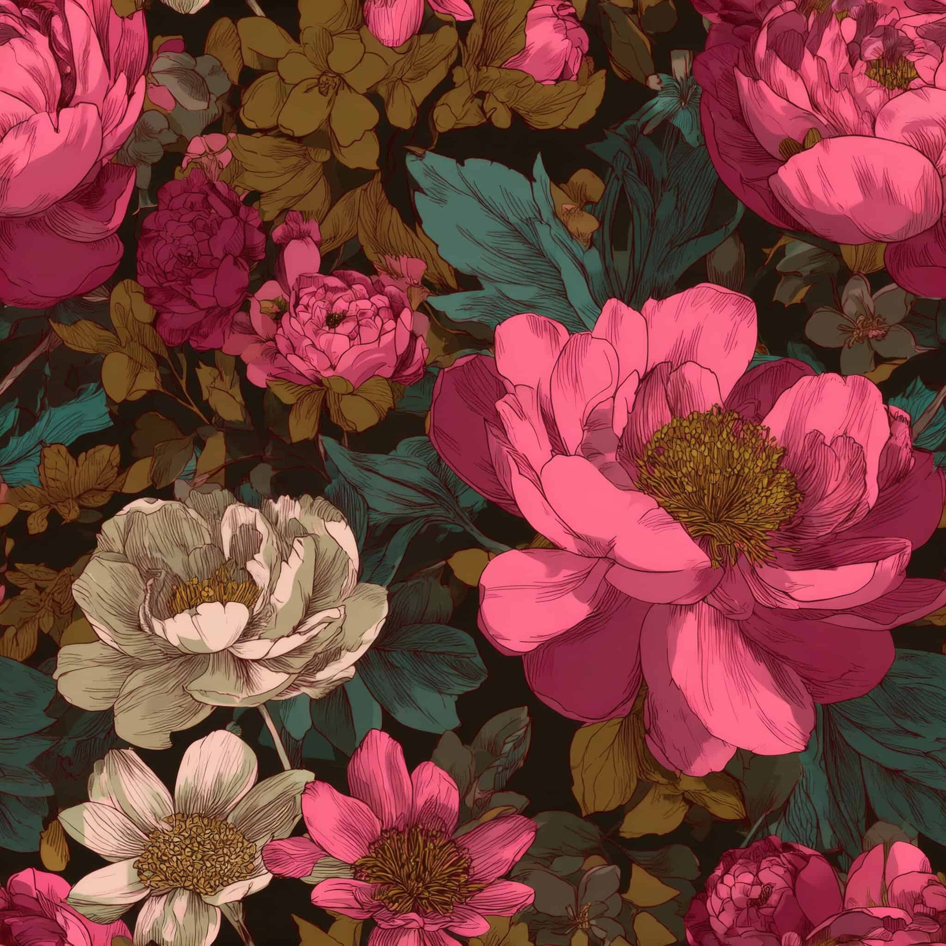 Wallpaper featuring vibrant blooms in pink, blue, and earth tones on a dark background.