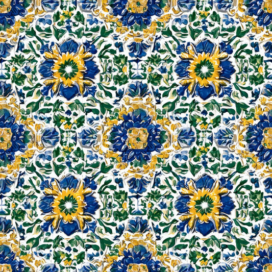 Wallpaper with intricate blue, yellow, and green floral patterns on a white background.