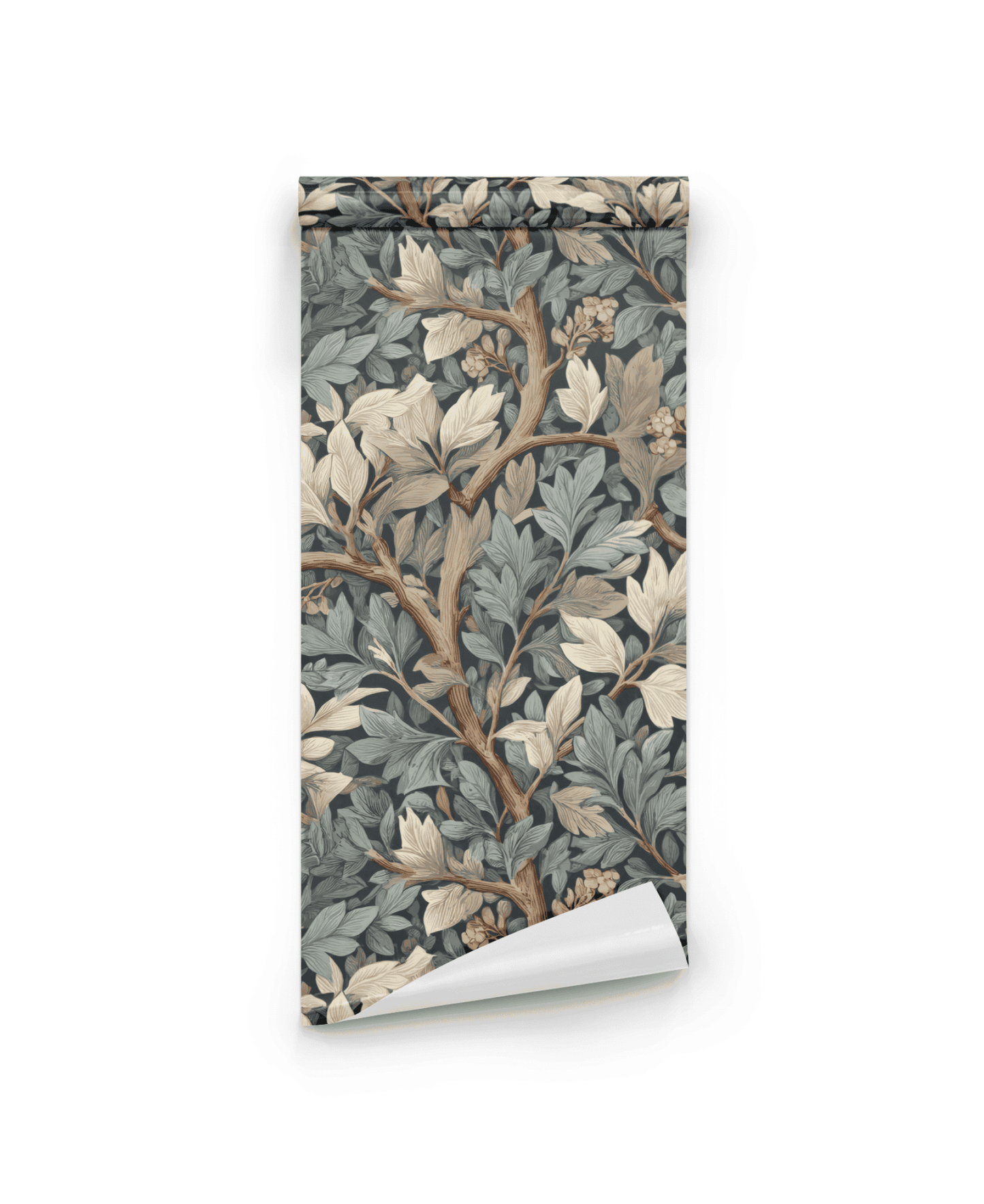 The Whispering Leaves Wallpaper features a botanical design of branches, leaves, and acorns in muted green, beige, and brown on a white background, bringing natural tranquility to any space.