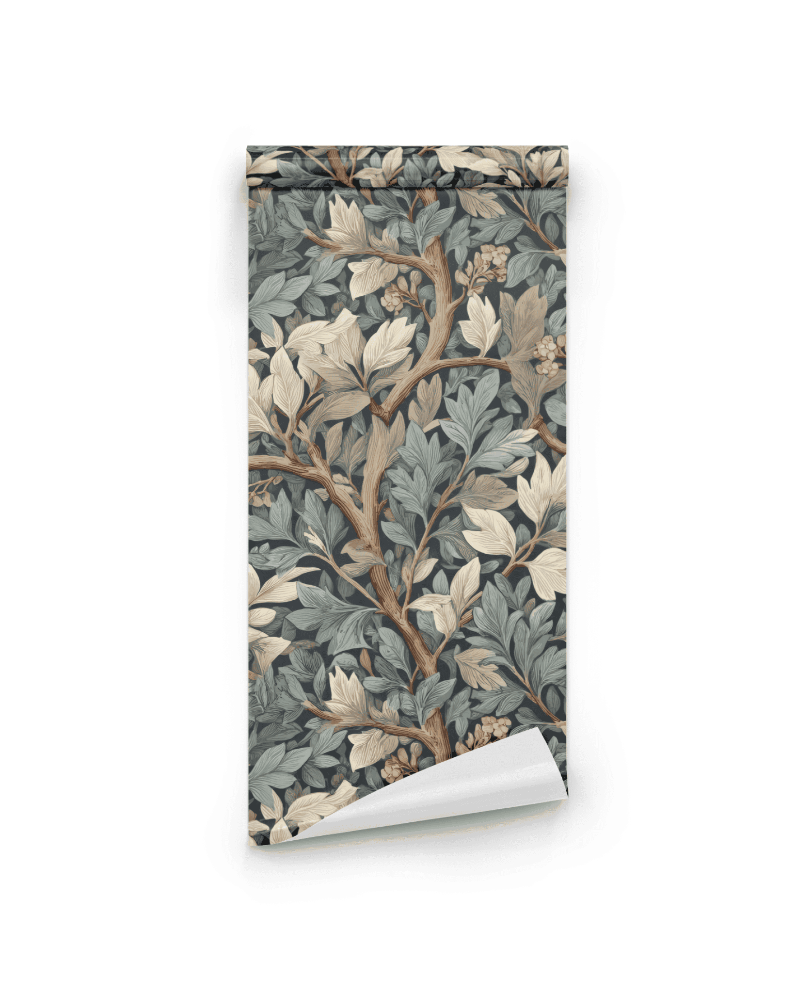 The Whispering Leaves Wallpaper features a botanical design of branches, leaves, and acorns in muted green, beige, and brown on a white background, bringing natural tranquility to any space.