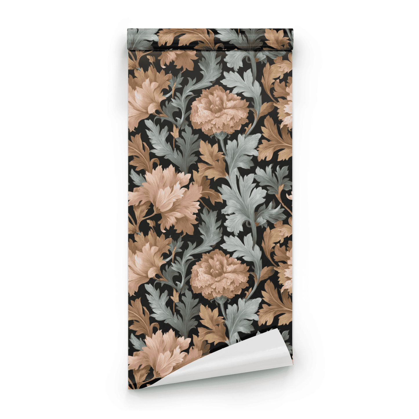 Black Floral Wallpaper roll preview showing the woodland foliage drawing on deep black moody dark botanical ground