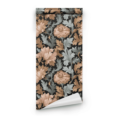 Black Floral Wallpaper roll preview showing the woodland foliage drawing on deep black moody dark botanical ground