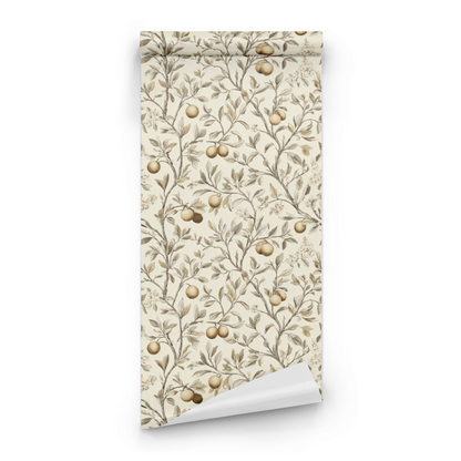 Cream Botanical Wallpaper roll preview showing the citrus fruit detail in engraving-style line work on cream