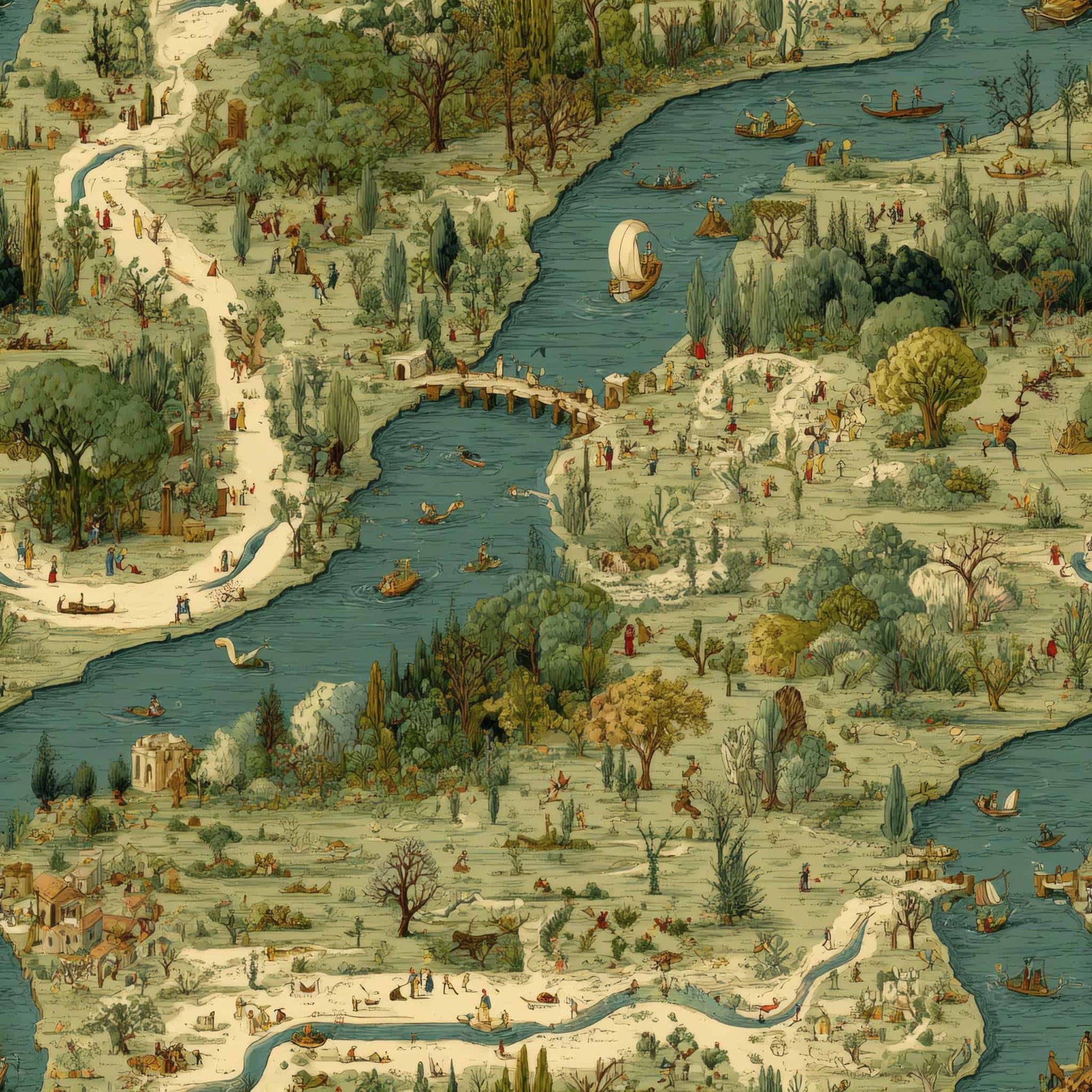 Wallpaper depicting a scenic landscape with rivers, villages, and lush greenery in vibrant earthy tones.