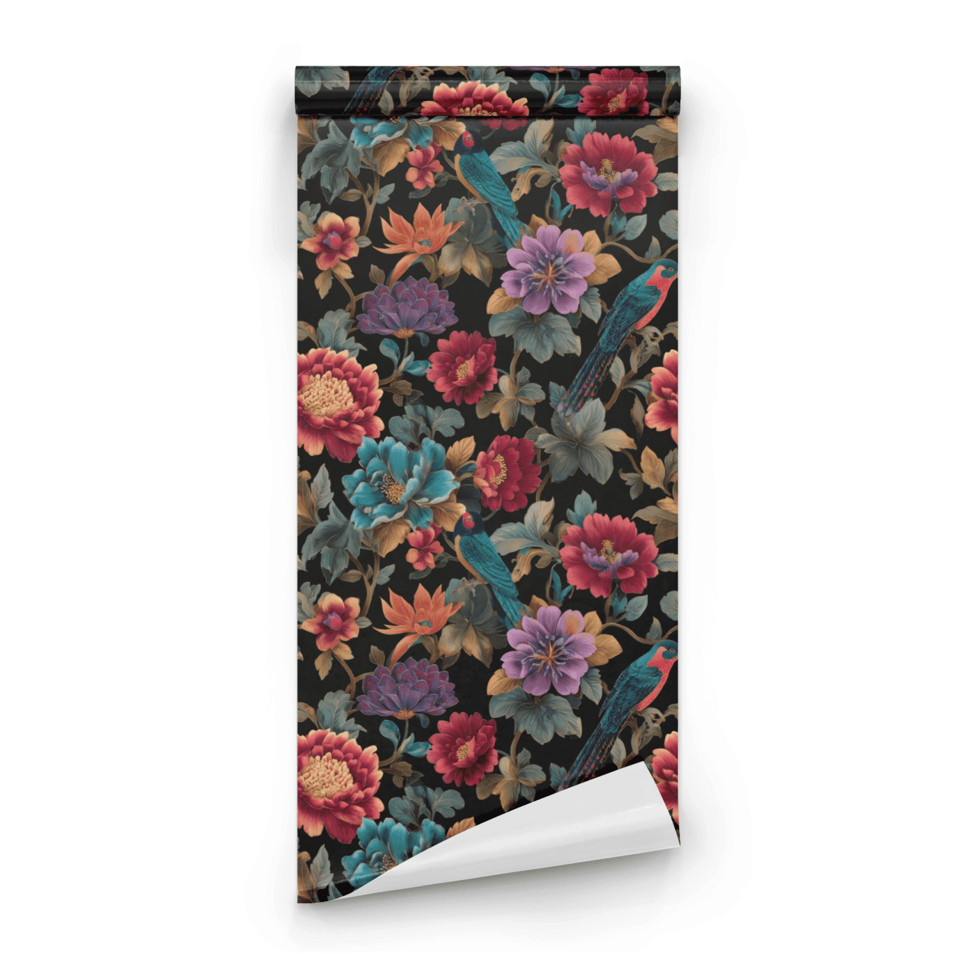 Black Floral Wallpaper roll close-up showing the bird-and-floral drawing on deep black teal Victorian ground