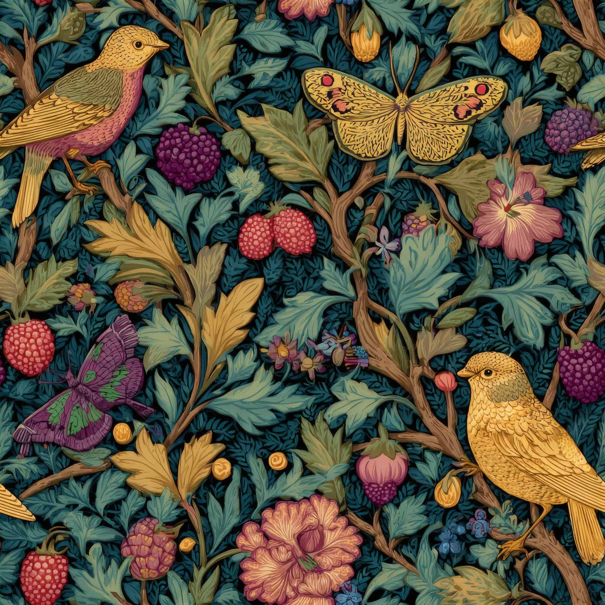Wallpaper with birds, berries, and butterflies in vibrant colors on a dark leafy background.