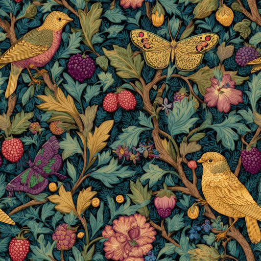 Wallpaper with birds, berries, and butterflies in vibrant colors on a dark leafy background.