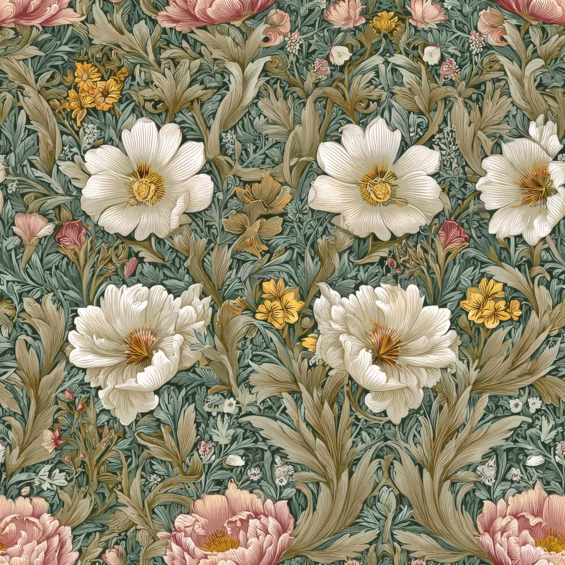 Wallpaper with intricate floral pattern in pastel hues, including white, yellow, and pink flowers.