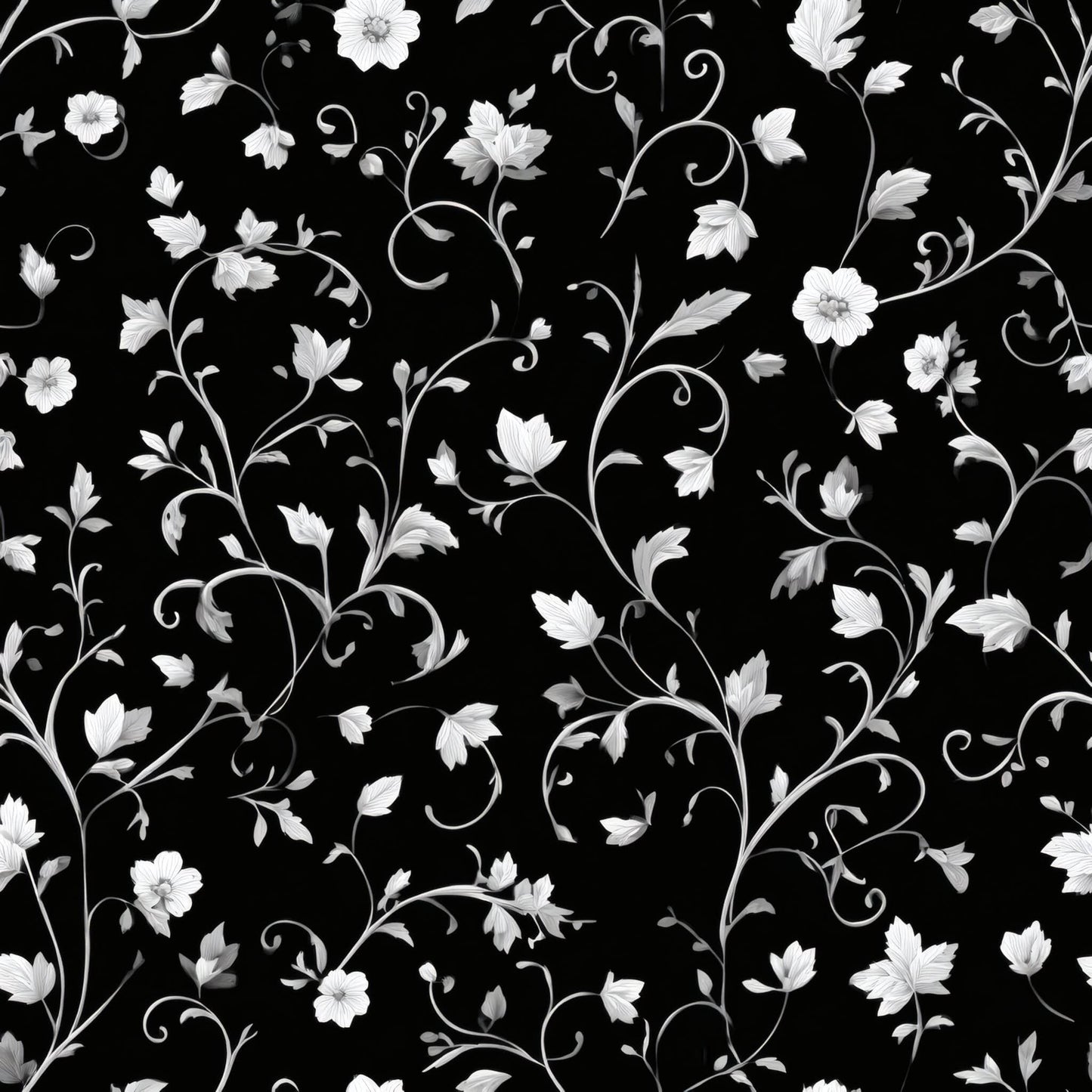 Black wallpaper with elegant white floral pattern, featuring intricate vines and blossoms.