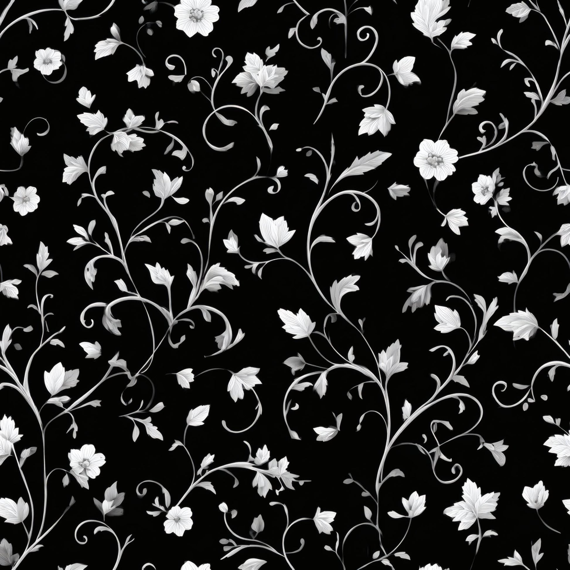 Black wallpaper with elegant white floral pattern, featuring intricate vines and blossoms.