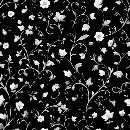 Black wallpaper with elegant white floral pattern, featuring intricate vines and blossoms.