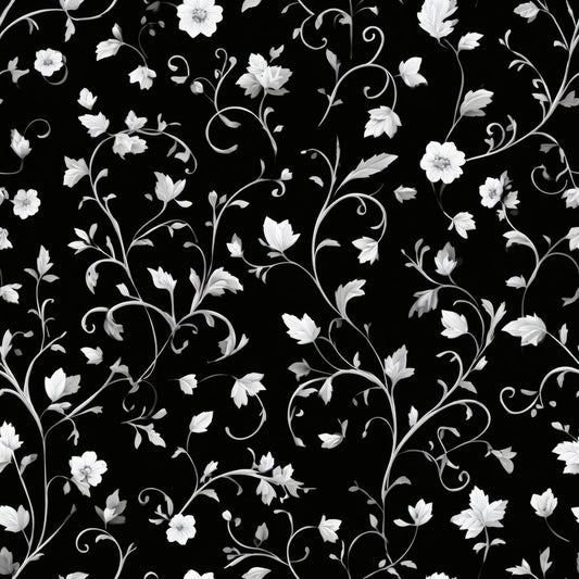 Black wallpaper with elegant white floral pattern, featuring intricate vines and blossoms.