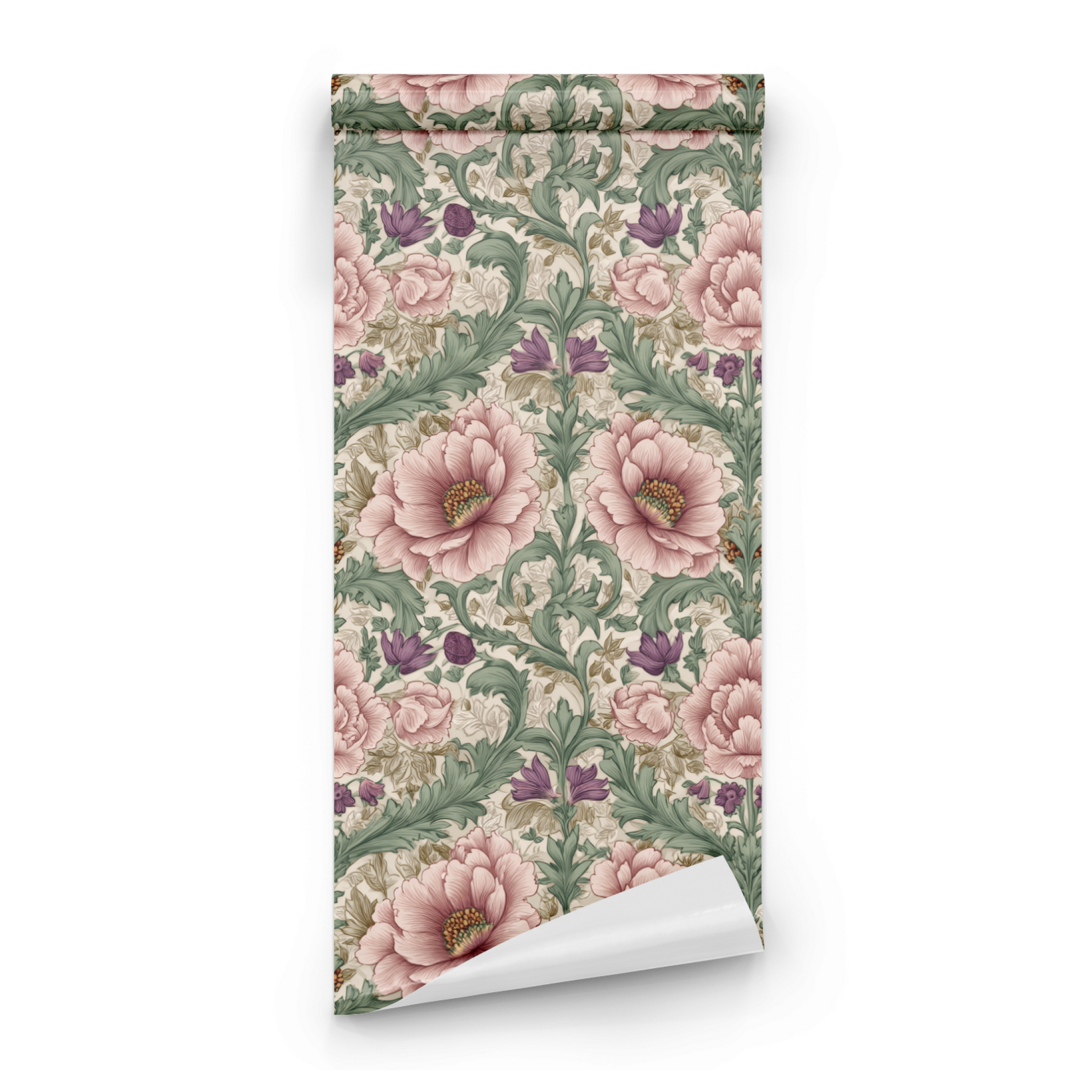 Cream Floral Wallpaper roll close-up showing the peony flower drawing and the dusty cream Arts and Crafts ground in close detail
