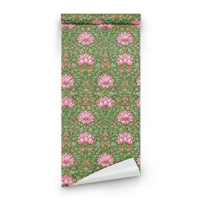 Green Floral Wallpaper roll preview showing the lotus floral drawing in close verdant green Arts and Crafts detail