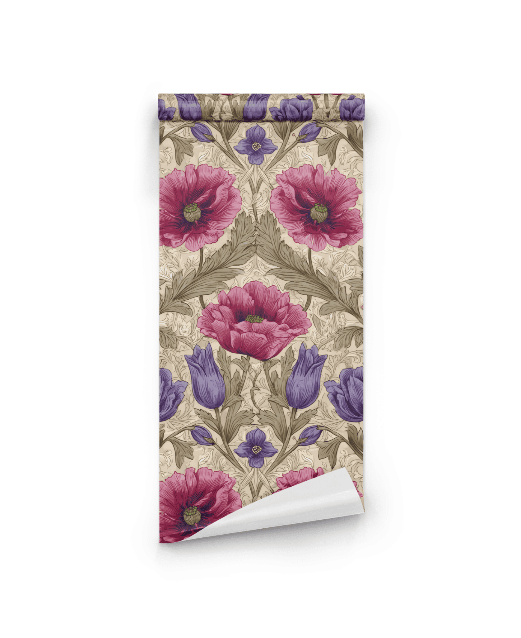 Vintage Blossom Wallpaper: A romantic roll adorned with large pink and purple flowers and green leaves set against a beige background.
