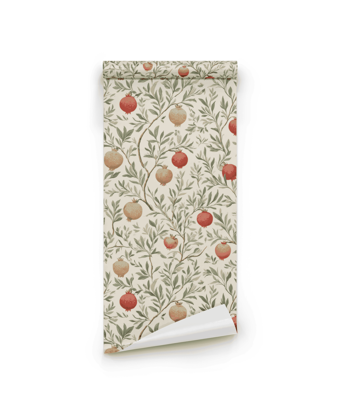 Pomegranate Grove Wallpaper features pomegranates and green leafy branches on a cream background, creating a serene atmosphere.