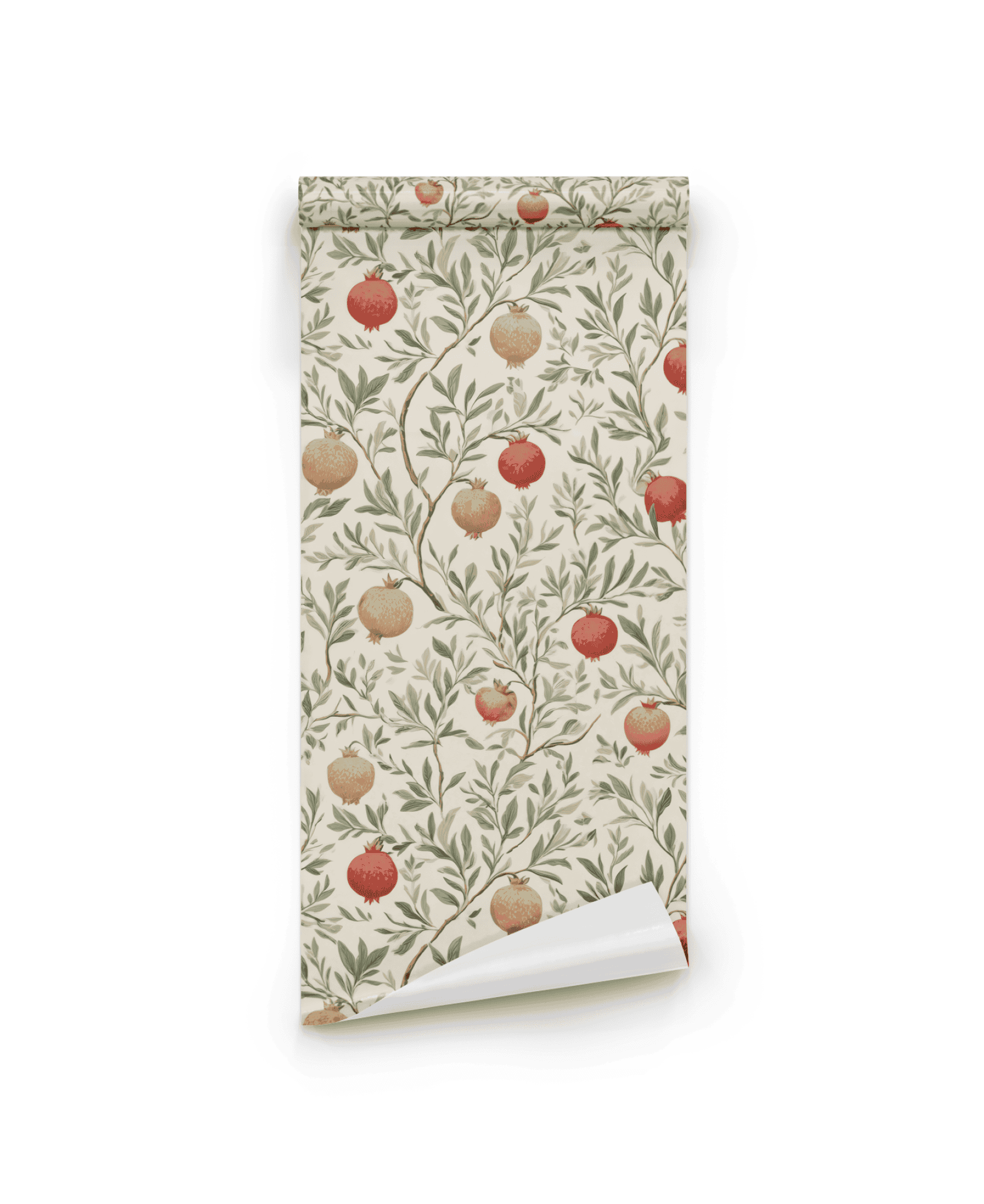 Pomegranate Grove Wallpaper features pomegranates and green leafy branches on a cream background, creating a serene atmosphere.