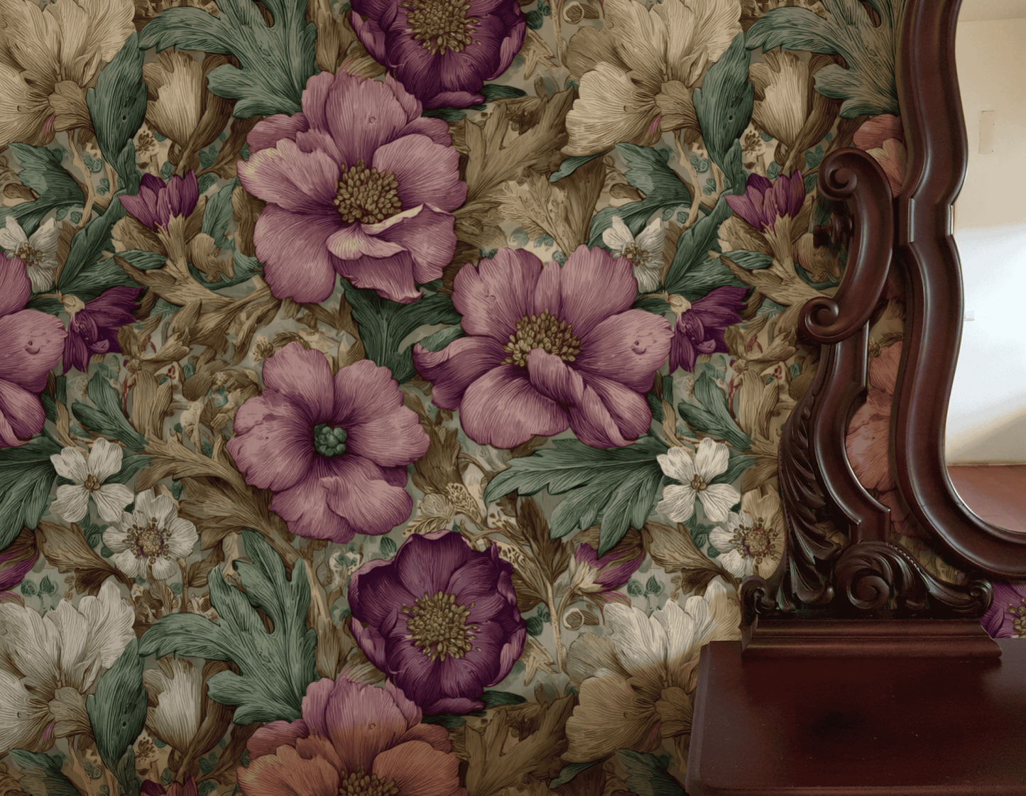 The Vintage Blossom Wallpaper, featuring large purple blooms, cream flowers, and green leaves, introduces vintage floral charm to any space.