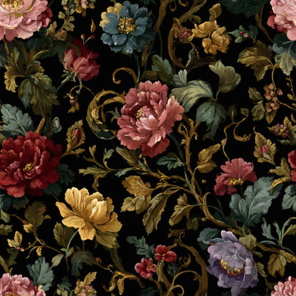 Intricate baroque floral pattern with red, pink, blue, and yellow flowers on a black background.