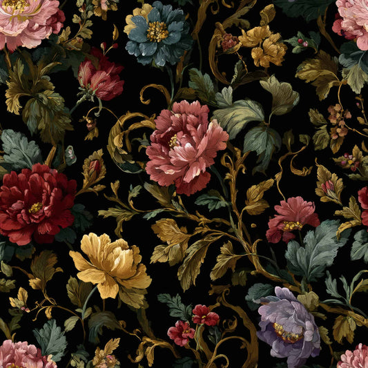 Intricate baroque floral pattern with red, pink, blue, and yellow flowers on a black background.