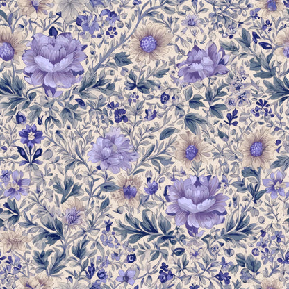 Wallpaper with lavender flowers and lush green leaves on a soft beige background.