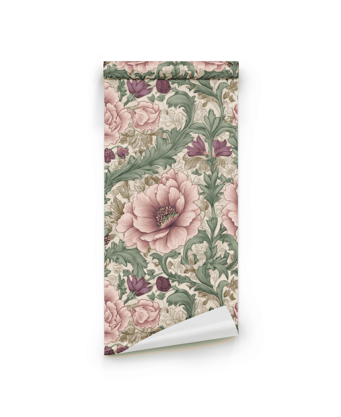 Botanical Harmony Wallpaper features a vintage floral pattern with large pink flowers, green leaves, and beige accents on a white background, adding timeless elegance to your space.