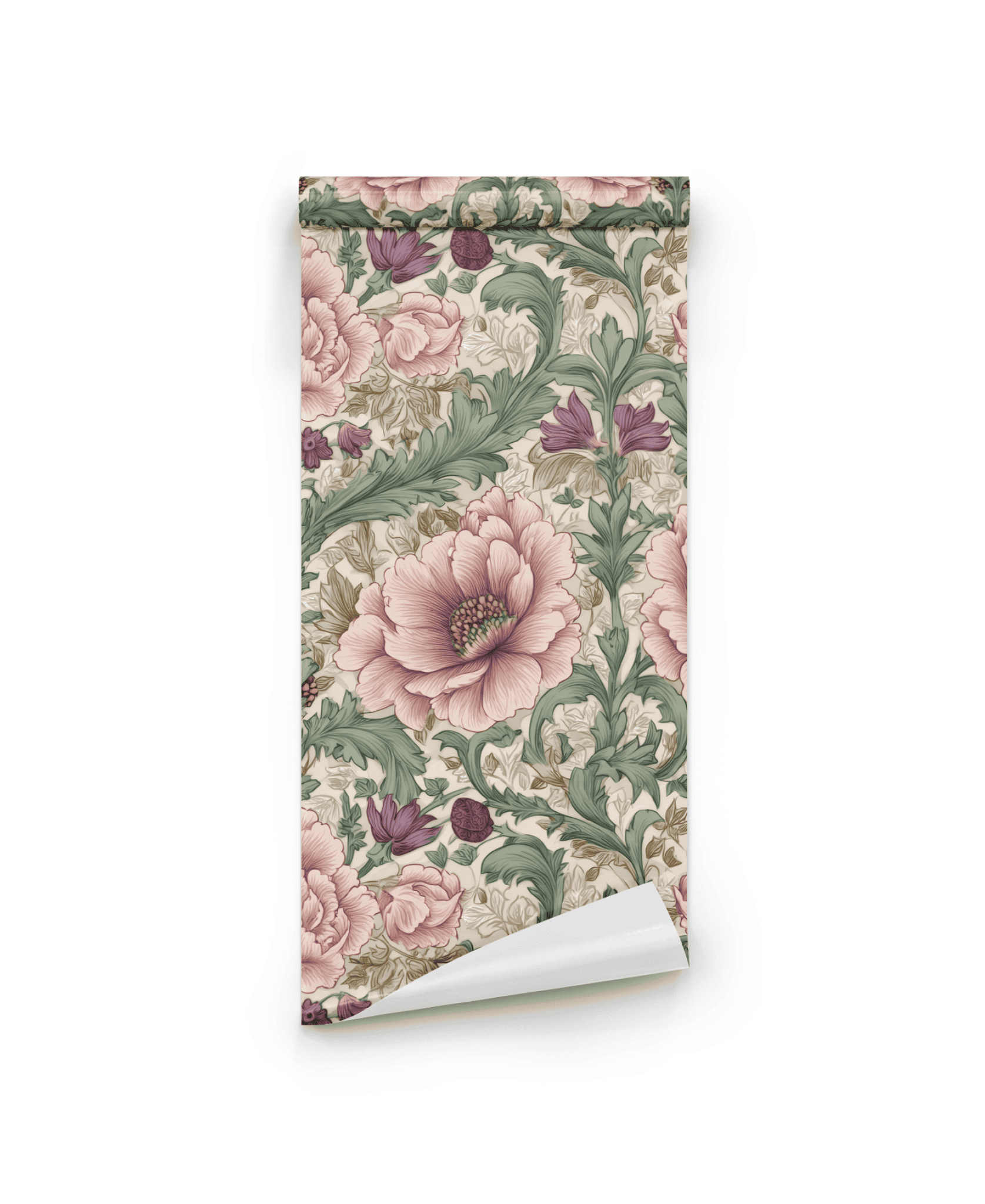 Botanical Harmony Wallpaper features a vintage floral pattern with large pink flowers, green leaves, and beige accents on a white background, adding timeless elegance to your space.