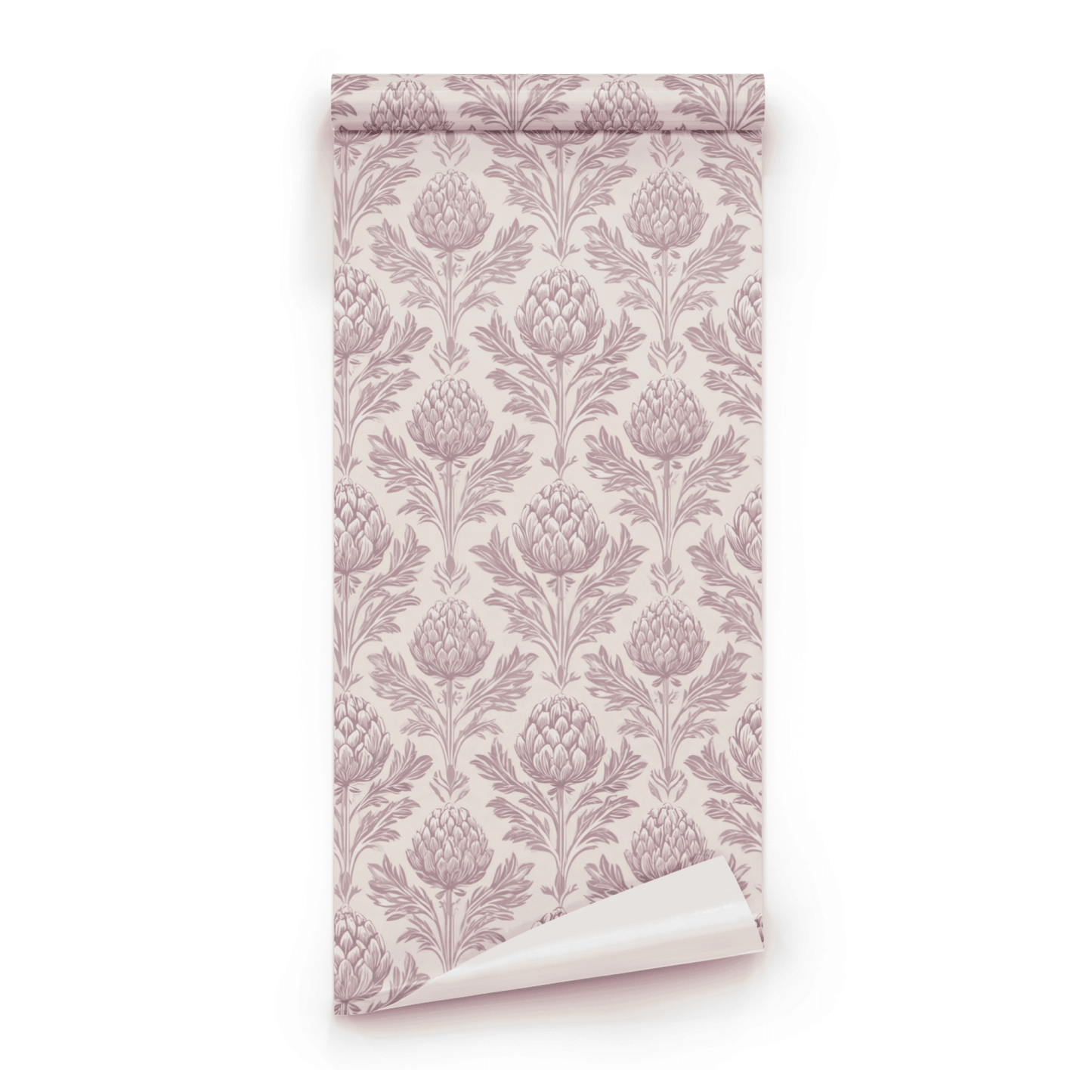 Pink Botanical Wallpaper roll preview showing the artichoke drawing in close soft mauve Arts and Crafts detail