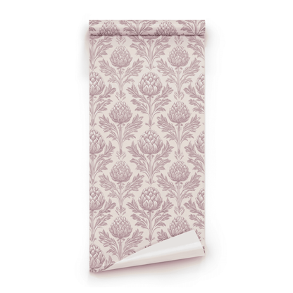Pink Botanical Wallpaper roll preview showing the artichoke drawing in close soft mauve Arts and Crafts detail