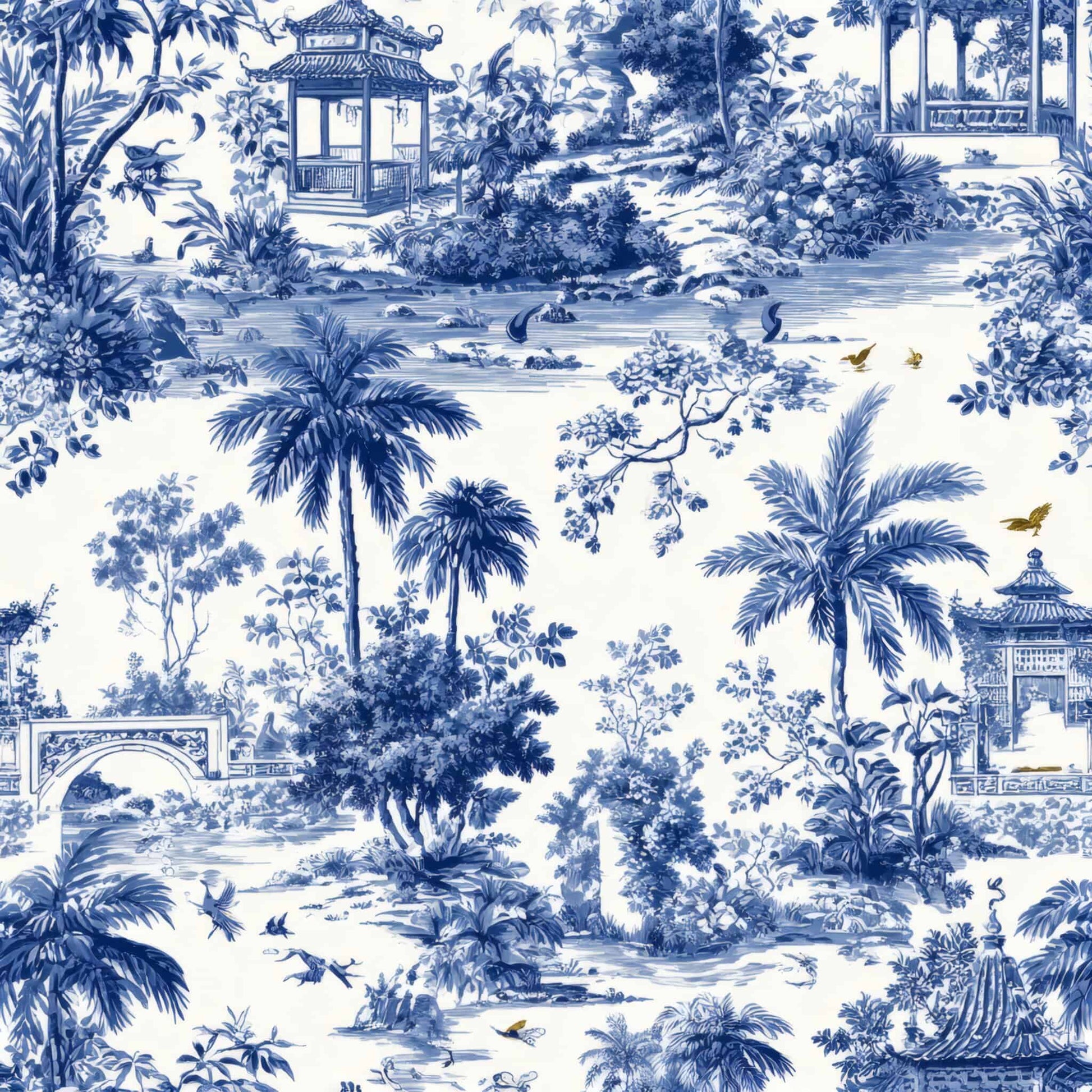 Wallpaper with intricate blue landscapes and elegant pavilions in a classical style.