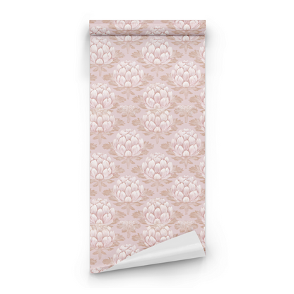 Pink Floral Wallpaper roll preview showing the artichoke drawing in close soft pink art nouveau detail