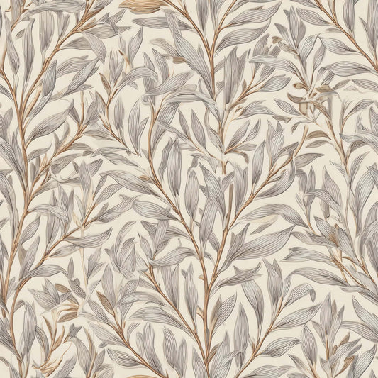 Wallpaper with delicate leaf pattern in soft gray and muted brown tones.