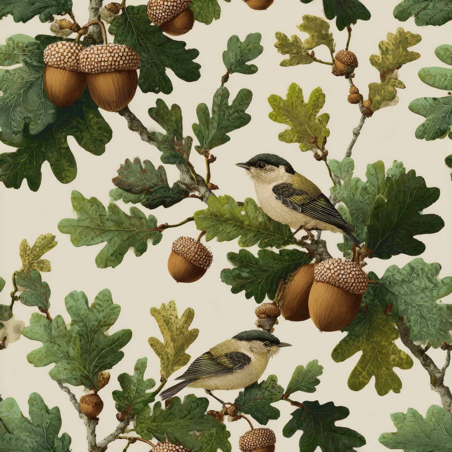 Wallpaper with detailed oak leaves, acorns, and finches in green and brown hues.