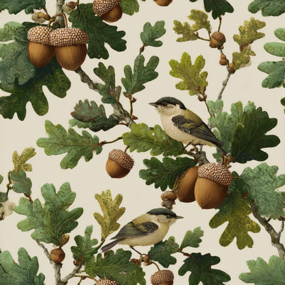 Wallpaper with detailed oak leaves, acorns, and finches in green and brown hues.