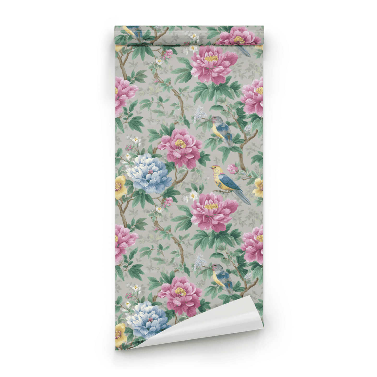 Grey Floral Wallpaper roll close-up showing the painted peony-and-bird drawing in close soft grey Arts and Crafts detail
