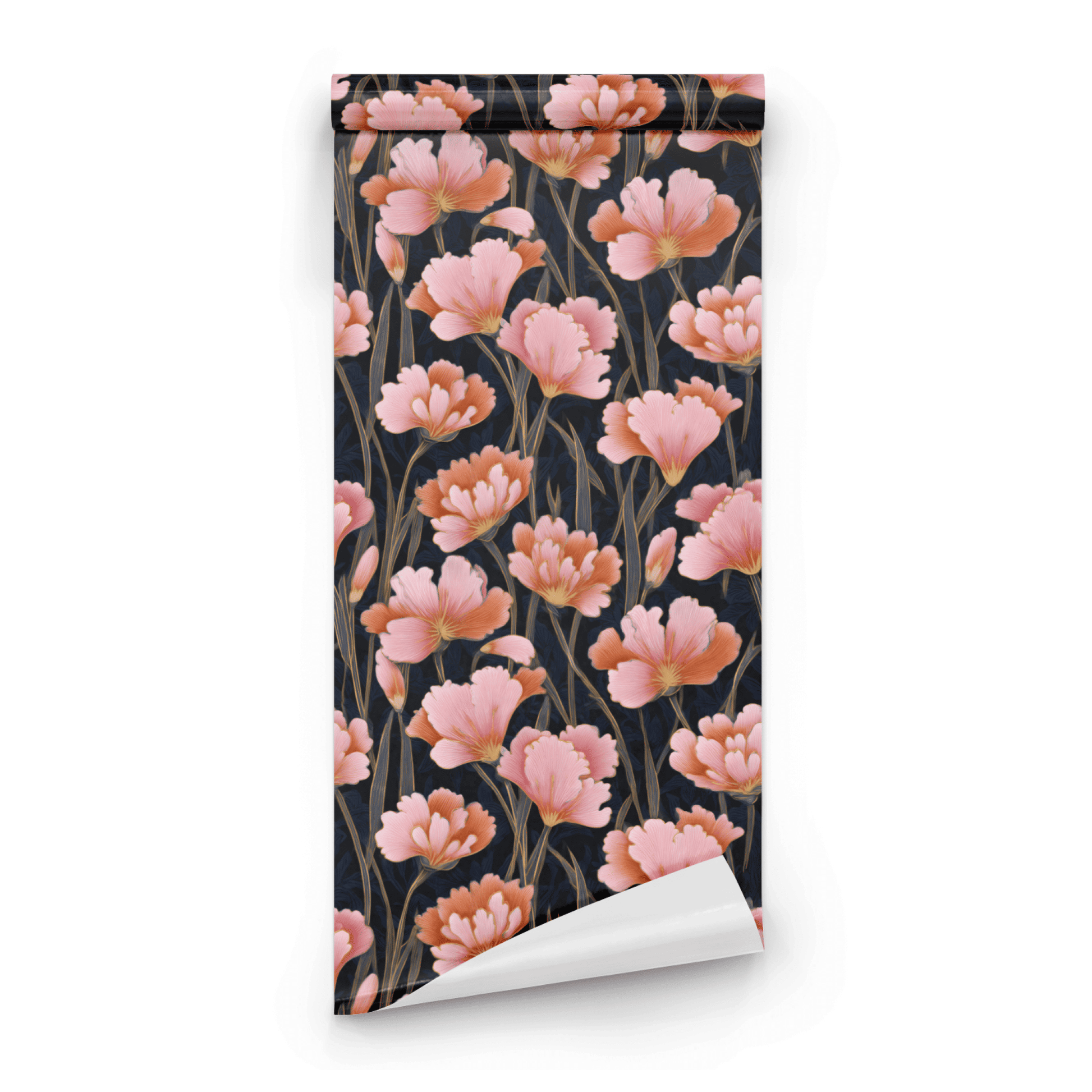 Green Floral Wallpaper roll preview showing the artistry floral drawing in close soft green art nouveau detail