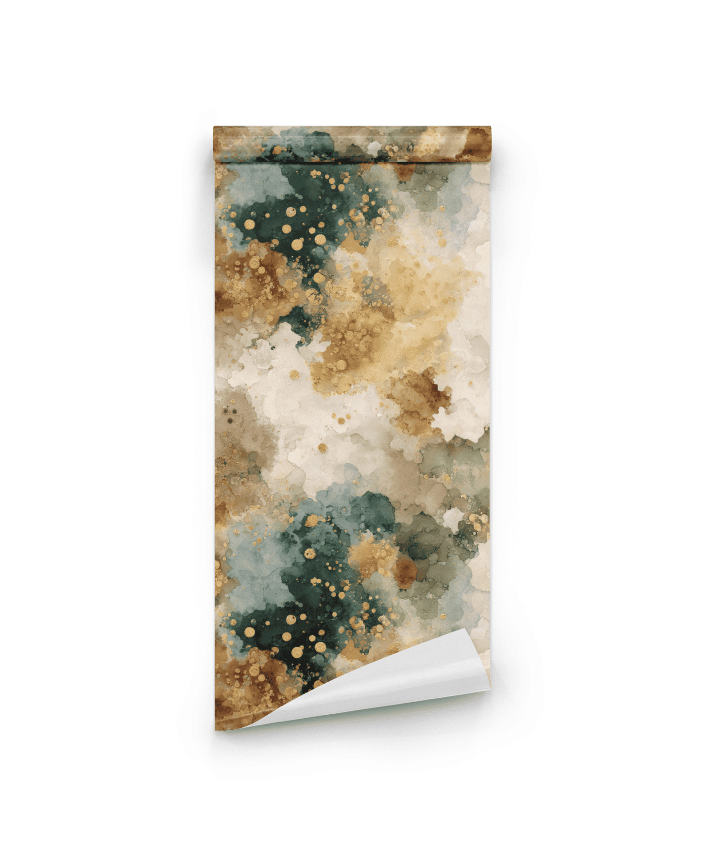 The Ethereal Splatter Wallpaper features abstract earthy watercolor art in brown, beige, green, and blue with gold dots on a white background, perfect for adding organic tranquility to your decor.