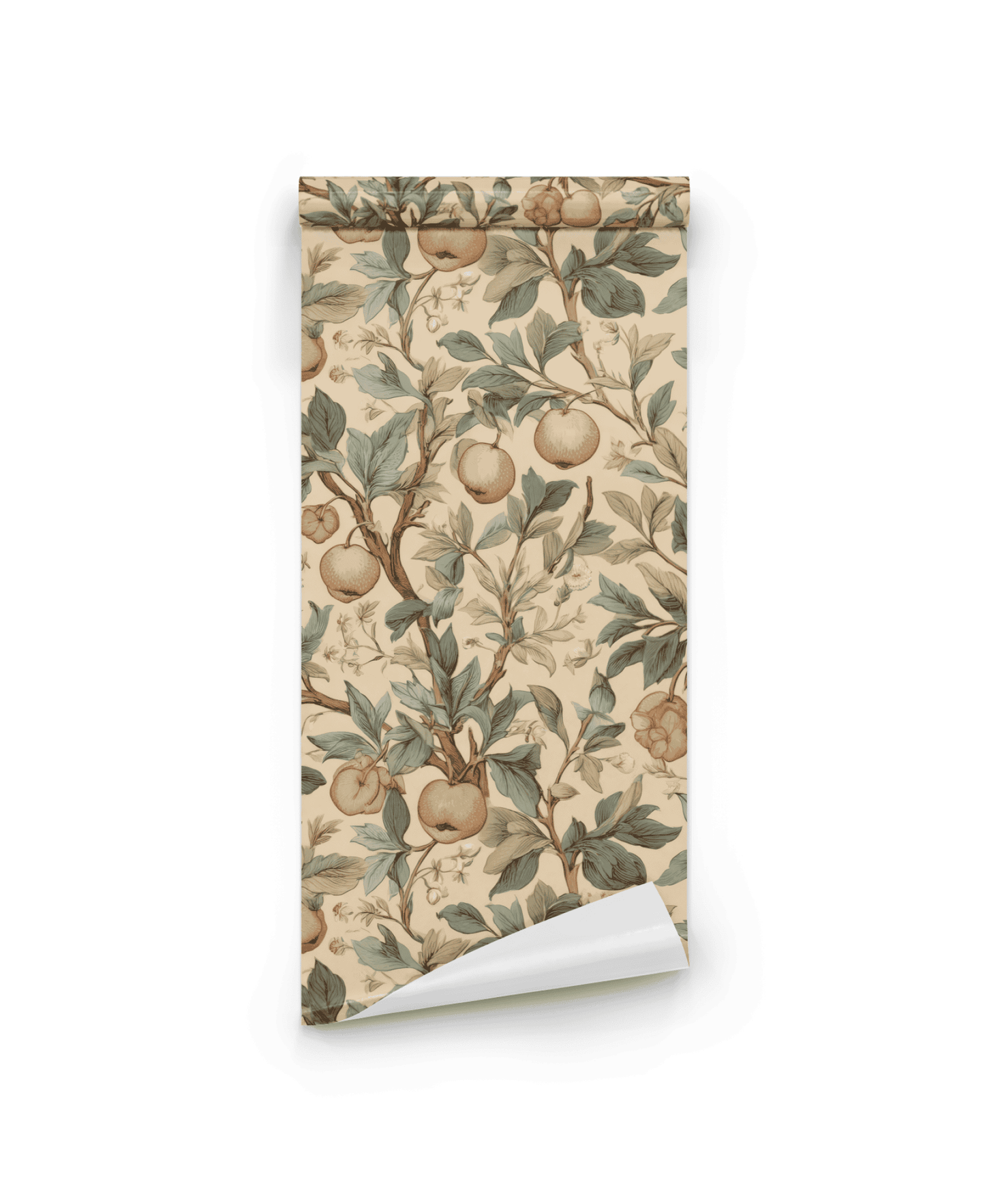 Orchard Elegance Wallpaper is a rolled sheet with a vintage botanical design, showcasing fruit-laden apple branches and leaves on a beige background for a natural touch.