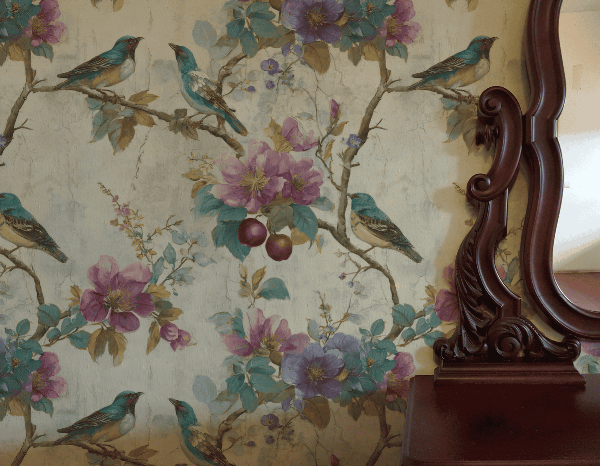 Charmed Haven Wallpaper featuring vivid birds and fruit is partially reflected in an ornate wooden mirror atop a wooden dresser, creating a serene ambiance.