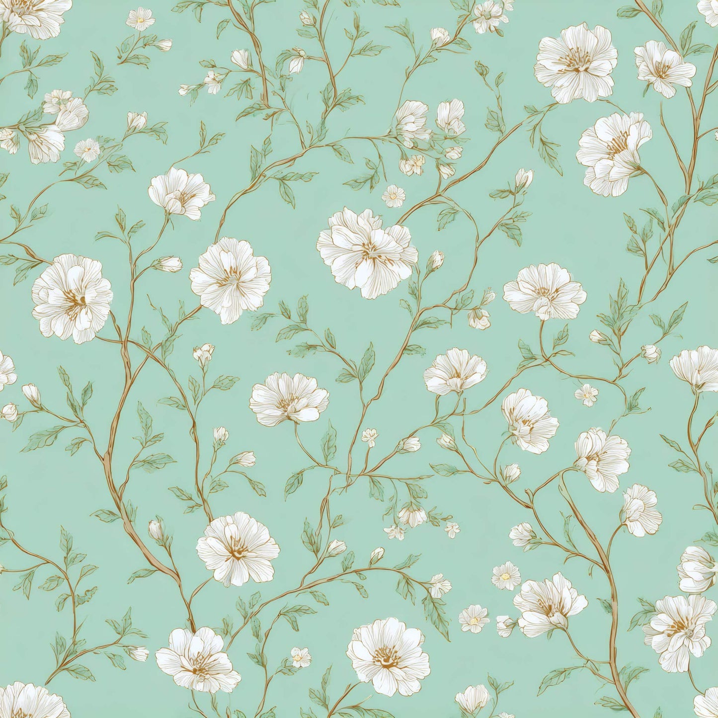 Floral wallpaper with delicate white flowers and green leaves on a mint green background.