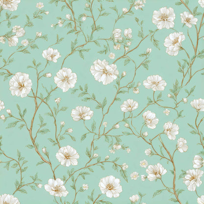 Floral wallpaper with delicate white flowers and green leaves on a mint green background.