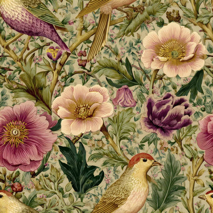 Wallpaper featuring detailed birds and flowers in soft, vintage colors.