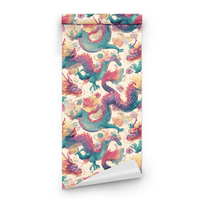 Celestial Dragons | Cream Animal Print Wallpaper | Watercolor - Roll Preview