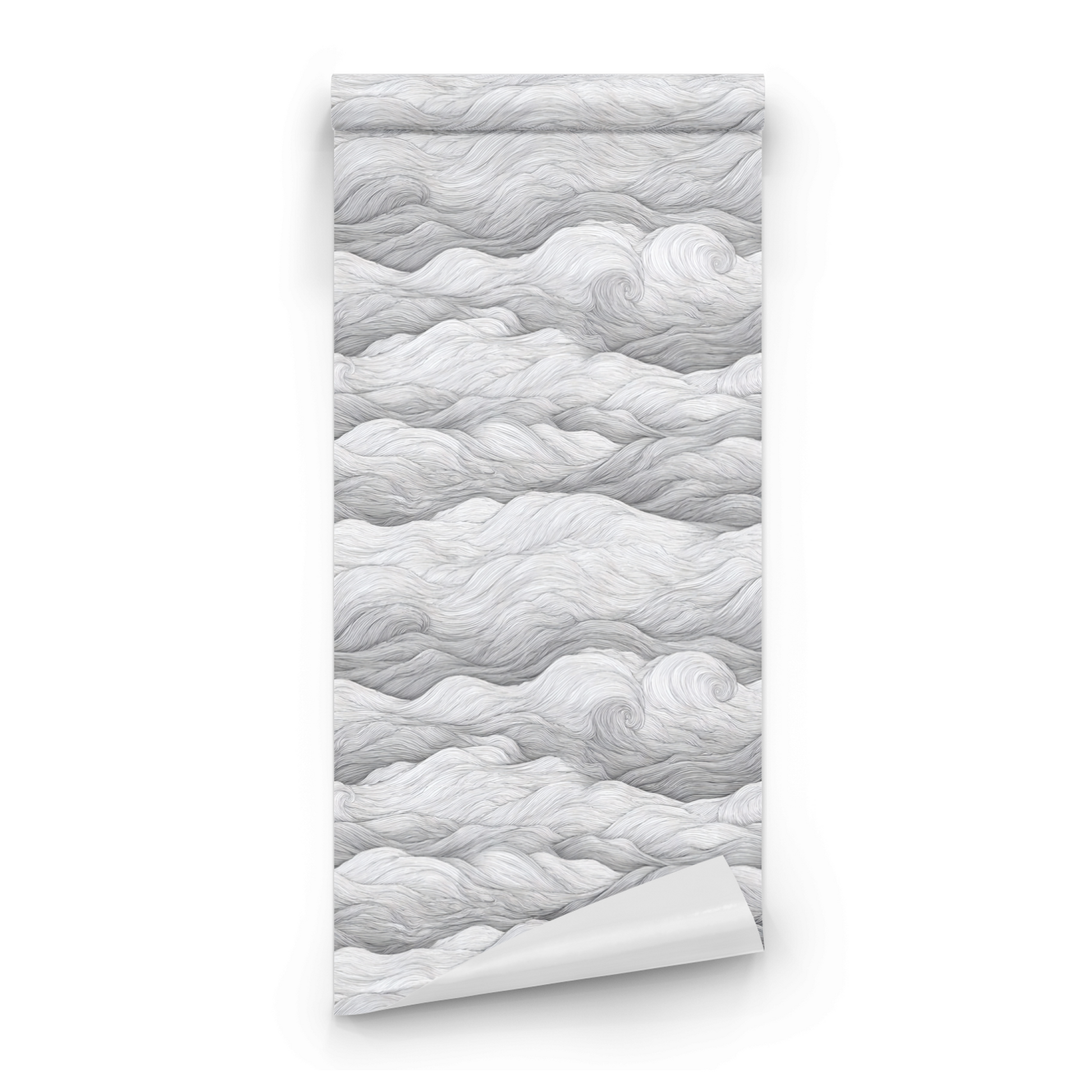 Grey Abstract Wallpaper roll preview showing the swirl drawing in close grey silken detail