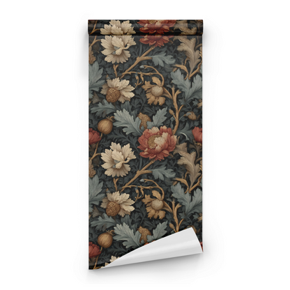 Green Floral Wallpaper roll preview showing the grove botanical drawing and the green-and-bronze Victorian line work in close detail