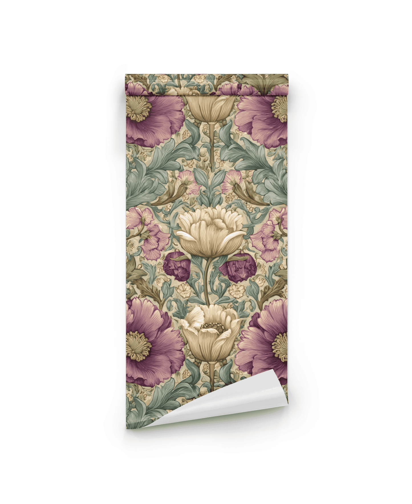 The Victorian Blossom Wallpaper features a vintage botanical fantasy with rich florals in muted purple, cream, green, and pink on a white background.