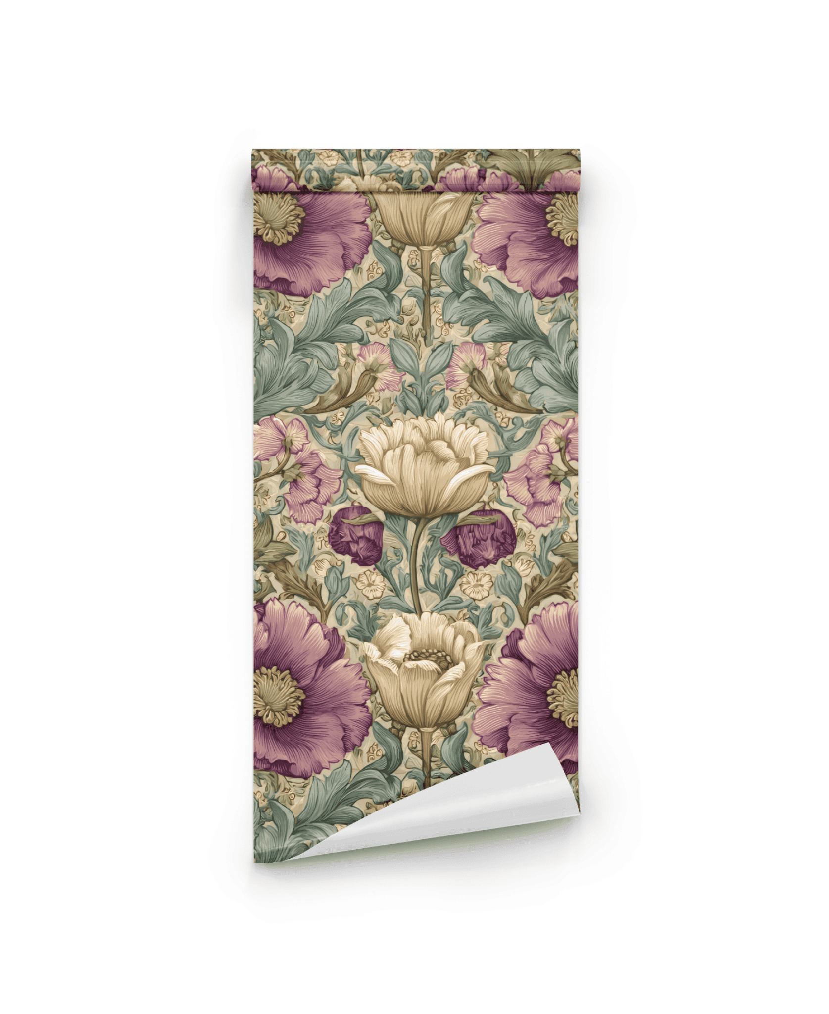 The Victorian Blossom Wallpaper features a vintage botanical fantasy with rich florals in muted purple, cream, green, and pink on a white background.